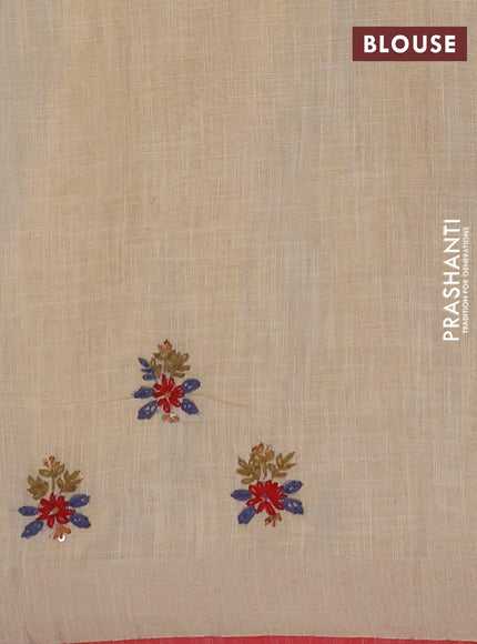 Linen cotton saree cream and maroon with embroidery buttas and embroidery kantha stitch work pallu