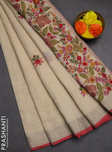 Linen cotton saree cream and red with embroidery buttas and embroidery kantha stitch work pallu