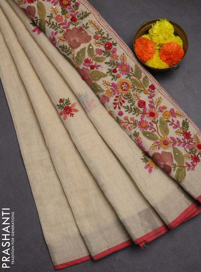 Linen cotton saree cream and red with embroidery buttas and embroidery kantha stitch work pallu