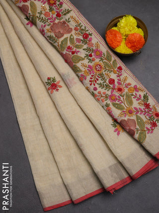 Linen cotton saree cream and red with embroidery buttas and embroidery kantha stitch work pallu