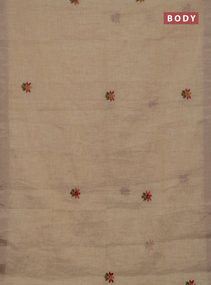 Linen cotton saree cream and red with embroidery buttas and embroidery kantha stitch work pallu
