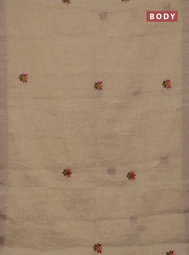 Linen cotton saree cream and red with embroidery buttas and embroidery kantha stitch work pallu