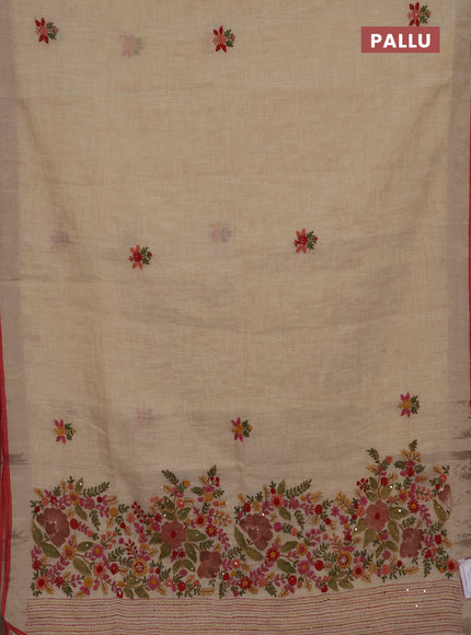 Linen cotton saree cream and red with embroidery buttas and embroidery kantha stitch work pallu
