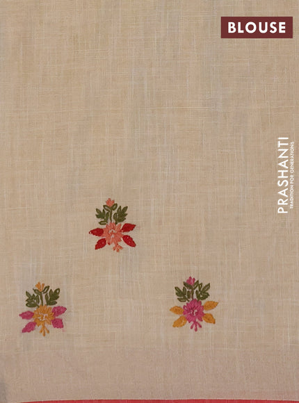 Linen cotton saree cream and red with embroidery buttas and embroidery kantha stitch work pallu
