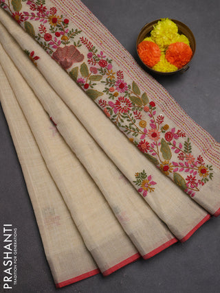Linen cotton saree cream and dark mustard with embroidery buttas and embroidery kantha stitch work pallu