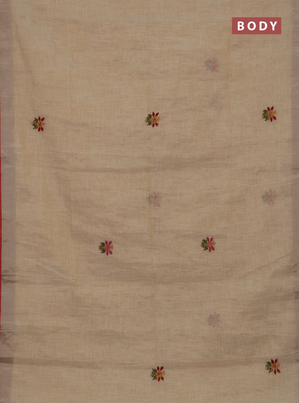 Linen cotton saree cream and dark mustard with embroidery buttas and embroidery kantha stitch work pallu