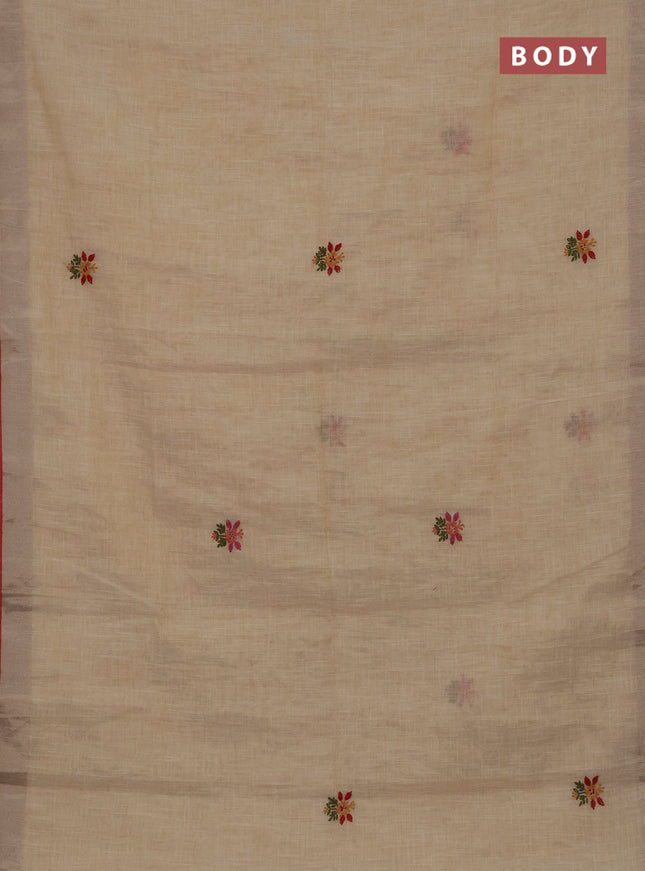 Linen cotton saree cream and dark mustard with embroidery buttas and embroidery kantha stitch work pallu
