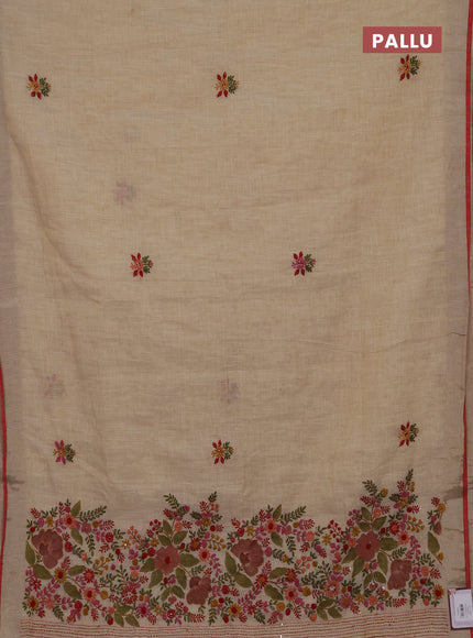Linen cotton saree cream and dark mustard with embroidery buttas and embroidery kantha stitch work pallu