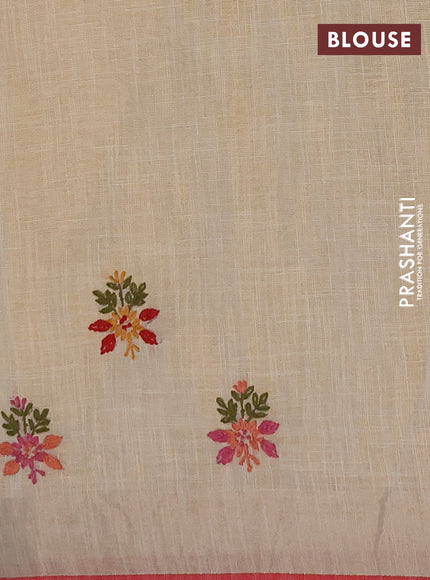 Linen cotton saree cream and dark mustard with embroidery buttas and embroidery kantha stitch work pallu