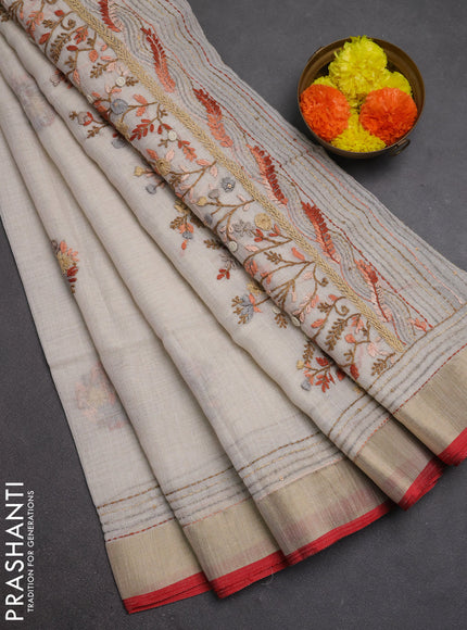 Linen cotton saree off white and rust shade with embroidery buttas and embroidery kantha stitch work pallu