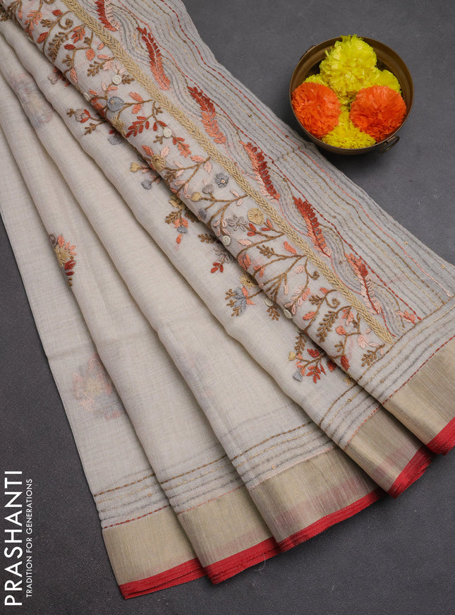 Linen cotton saree off white and rust shade with embroidery buttas and embroidery kantha stitch work pallu