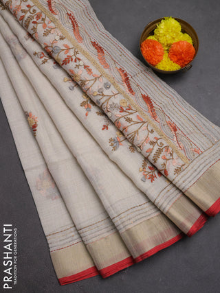 Linen cotton saree off white and rust shade with embroidery buttas and embroidery kantha stitch work pallu