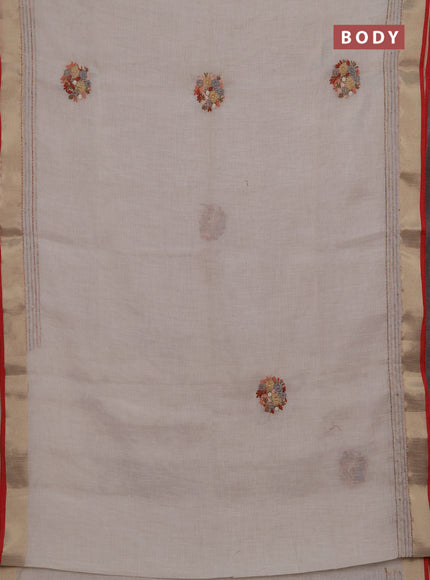 Linen cotton saree off white and rust shade with embroidery buttas and embroidery kantha stitch work pallu