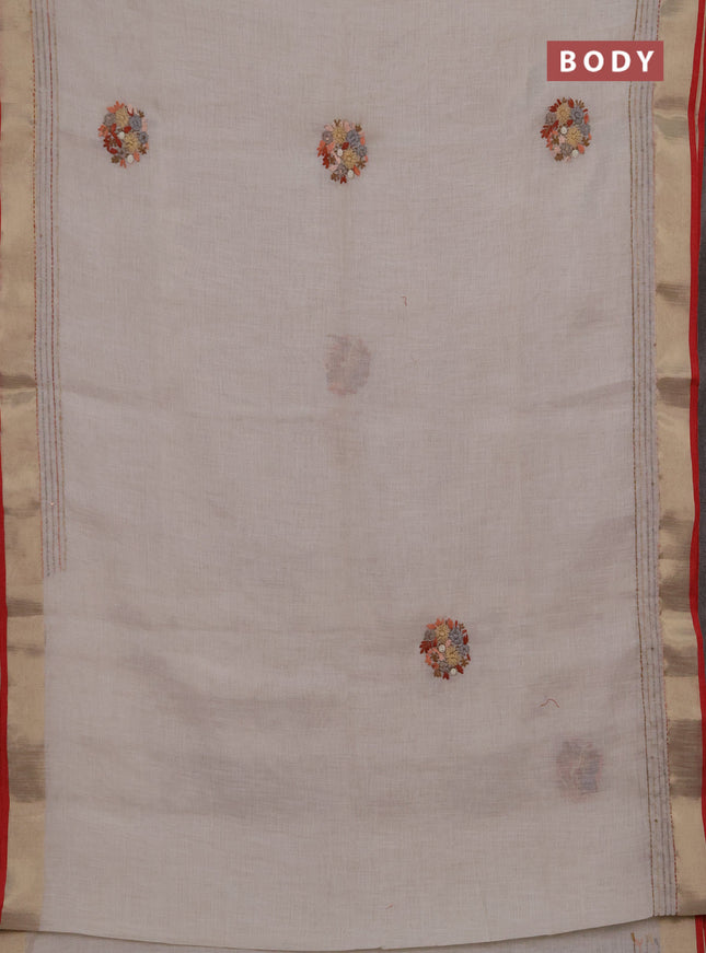 Linen cotton saree off white and rust shade with embroidery buttas and embroidery kantha stitch work pallu