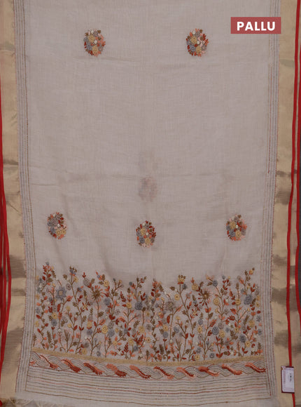 Linen cotton saree off white and rust shade with embroidery buttas and embroidery kantha stitch work pallu
