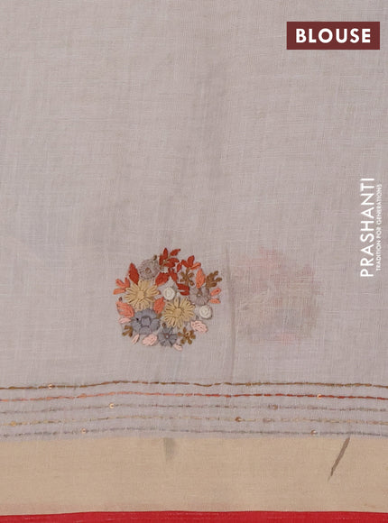 Linen cotton saree off white and rust shade with embroidery buttas and embroidery kantha stitch work pallu