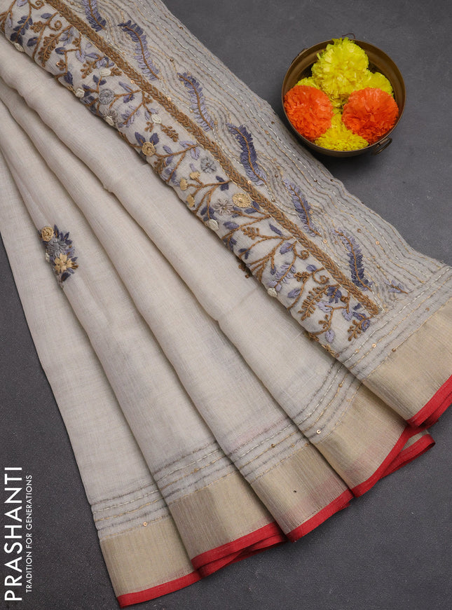 Linen cotton saree off white and grey with embroidery buttas and embroidery kantha stitch work pallu