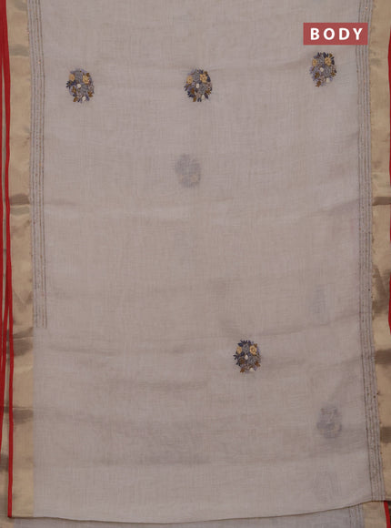 Linen cotton saree off white and grey with embroidery buttas and embroidery kantha stitch work pallu