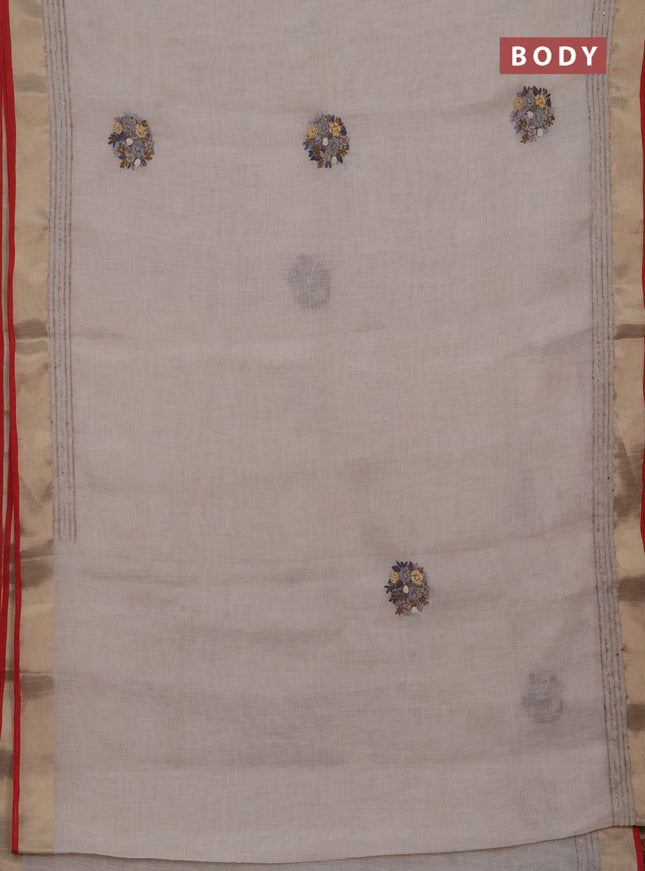 Linen cotton saree off white and grey with embroidery buttas and embroidery kantha stitch work pallu