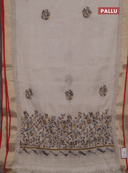 Linen cotton saree off white and grey with embroidery buttas and embroidery kantha stitch work pallu