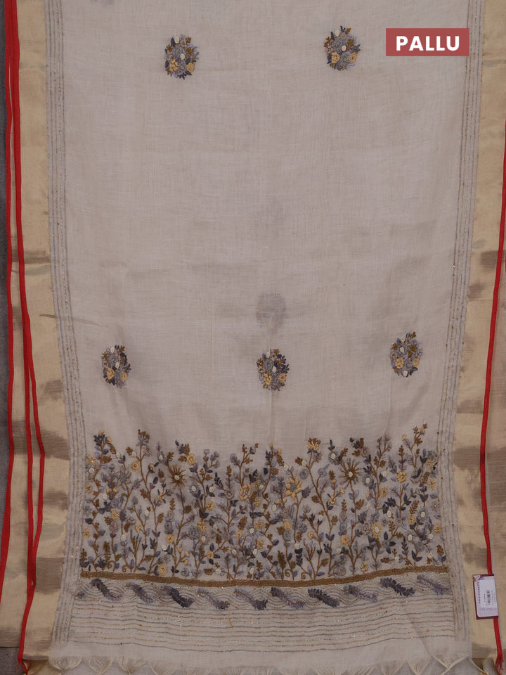 Linen cotton saree off white and grey with embroidery buttas and embroidery kantha stitch work pallu
