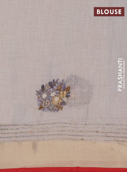 Linen cotton saree off white and grey with embroidery buttas and embroidery kantha stitch work pallu