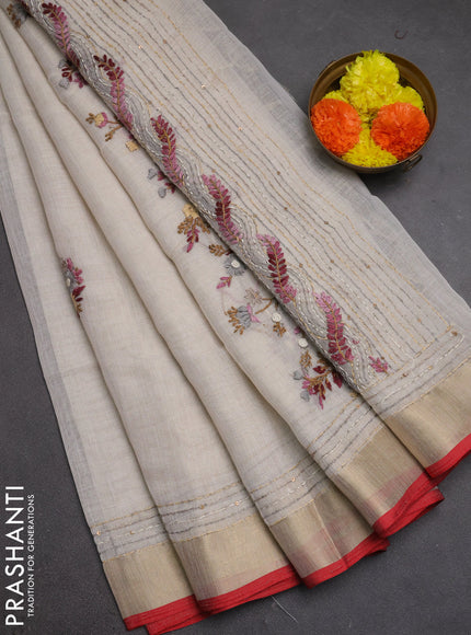 Linen cotton saree off white and light pink with embroidery buttas and embroidery kantha stitch work pallu