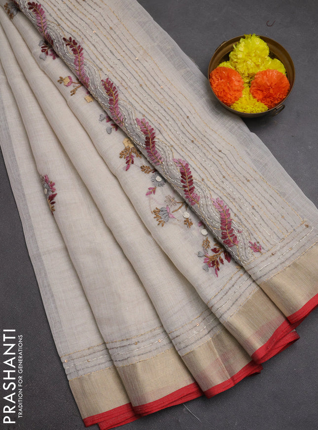 Linen cotton saree off white and light pink with embroidery buttas and embroidery kantha stitch work pallu