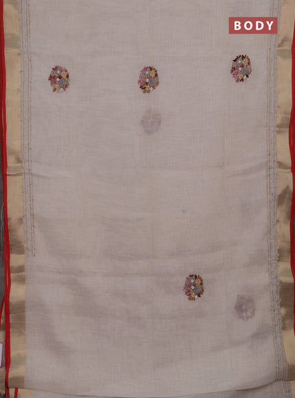 Linen cotton saree off white and light pink with embroidery buttas and embroidery kantha stitch work pallu