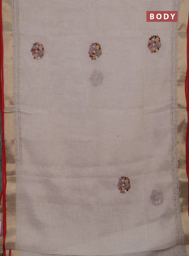 Linen cotton saree off white and light pink with embroidery buttas and embroidery kantha stitch work pallu