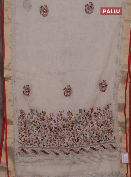 Linen cotton saree off white and light pink with embroidery buttas and embroidery kantha stitch work pallu