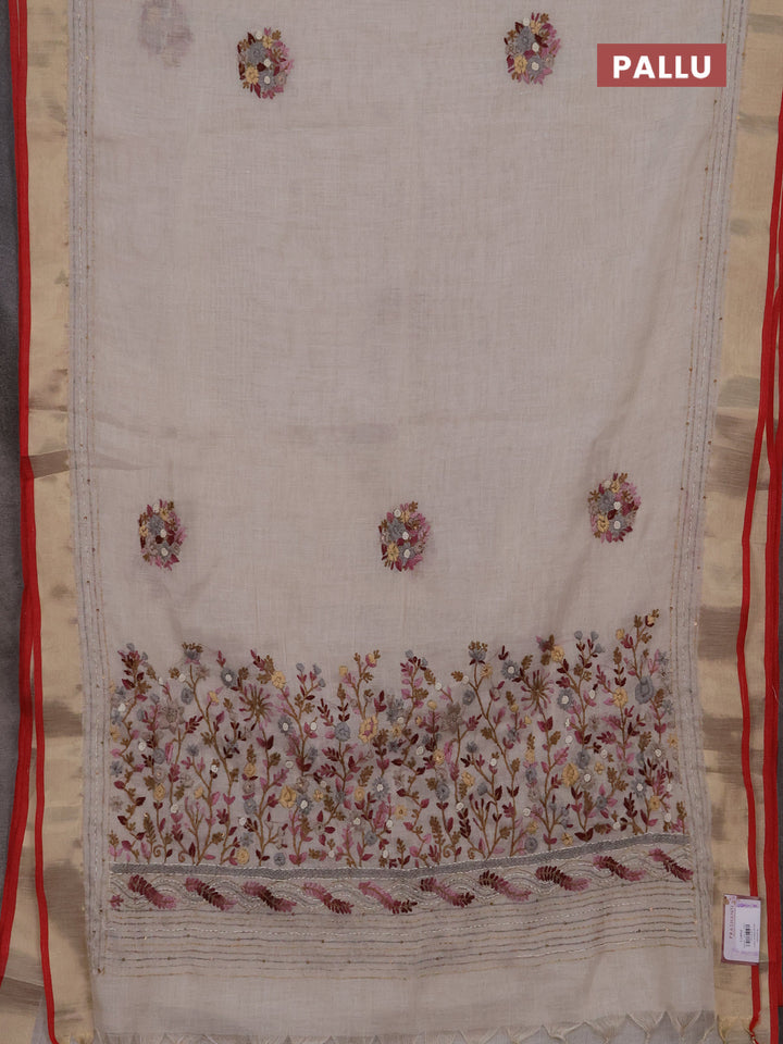 Linen cotton saree off white and light pink with embroidery buttas and embroidery kantha stitch work pallu