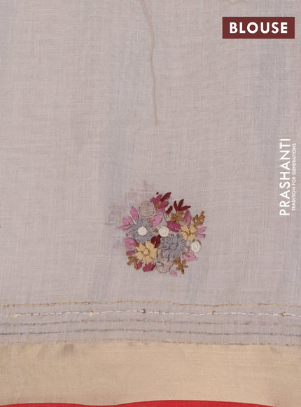 Linen cotton saree off white and light pink with embroidery buttas and embroidery kantha stitch work pallu