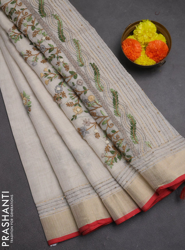 Linen cotton saree off white and light green with embroidery buttas and embroidery kantha stitch work pallu