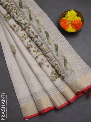 Linen cotton saree off white and light green with embroidery buttas and embroidery kantha stitch work pallu