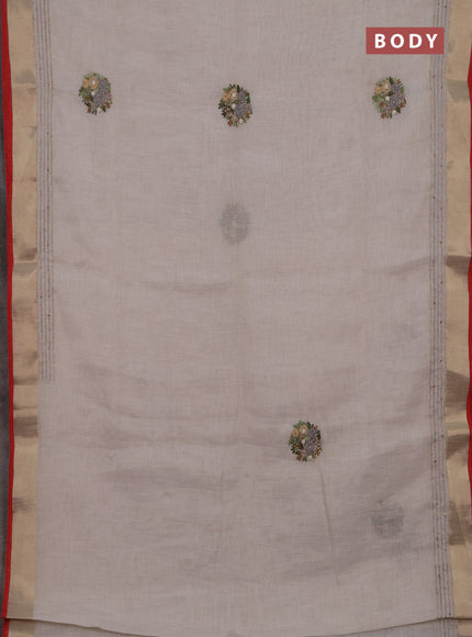 Linen cotton saree off white and light green with embroidery buttas and embroidery kantha stitch work pallu