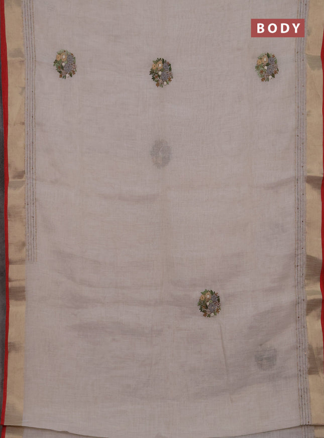 Linen cotton saree off white and light green with embroidery buttas and embroidery kantha stitch work pallu
