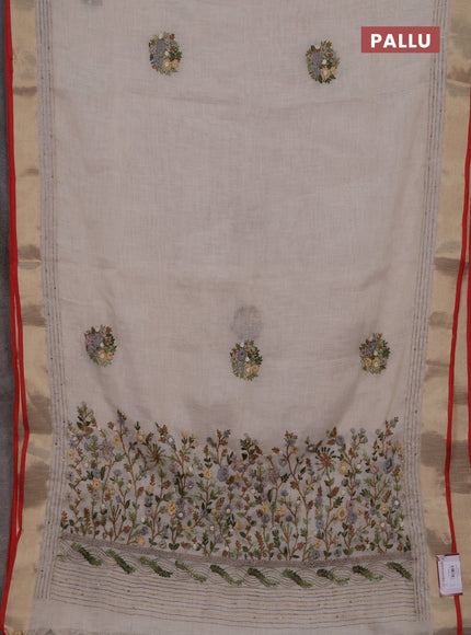 Linen cotton saree off white and light green with embroidery buttas and embroidery kantha stitch work pallu