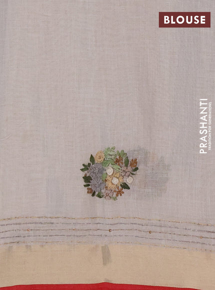 Linen cotton saree off white and light green with embroidery buttas and embroidery kantha stitch work pallu