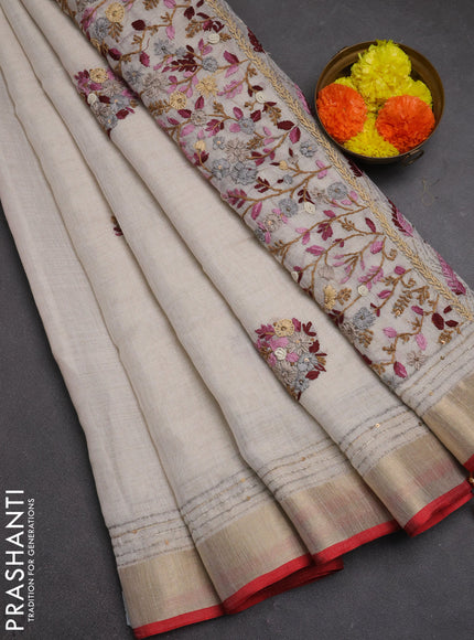 Linen cotton saree off white and magenta pink with embroidery buttas and embroidery kantha stitch work pallu