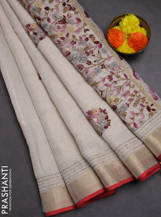 Linen cotton saree off white and magenta pink with embroidery buttas and embroidery kantha stitch work pallu