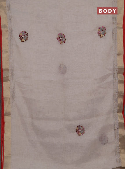 Linen cotton saree off white and magenta pink with embroidery buttas and embroidery kantha stitch work pallu