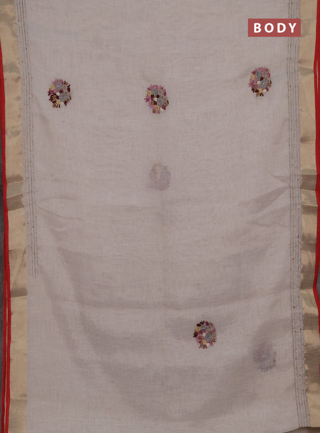 Linen cotton saree off white and magenta pink with embroidery buttas and embroidery kantha stitch work pallu