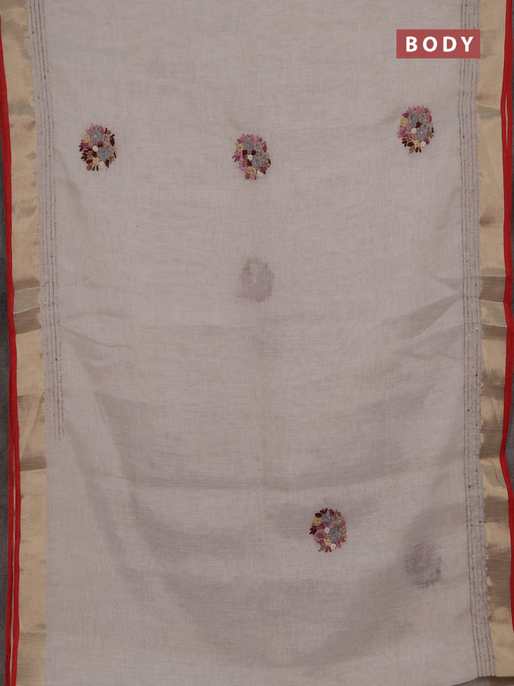 Linen cotton saree off white and magenta pink with embroidery buttas and embroidery kantha stitch work pallu