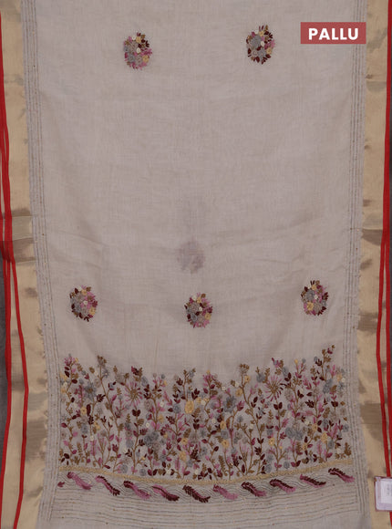 Linen cotton saree off white and magenta pink with embroidery buttas and embroidery kantha stitch work pallu