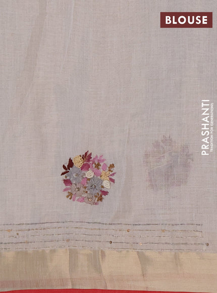 Linen cotton saree off white and magenta pink with embroidery buttas and embroidery kantha stitch work pallu