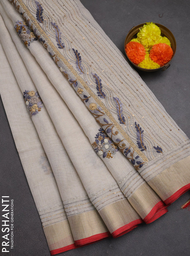 Linen cotton saree off white and sandal with embroidery buttas and embroidery kantha stitch work pallu