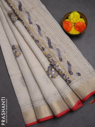 Linen cotton saree off white and sandal with embroidery buttas and embroidery kantha stitch work pallu