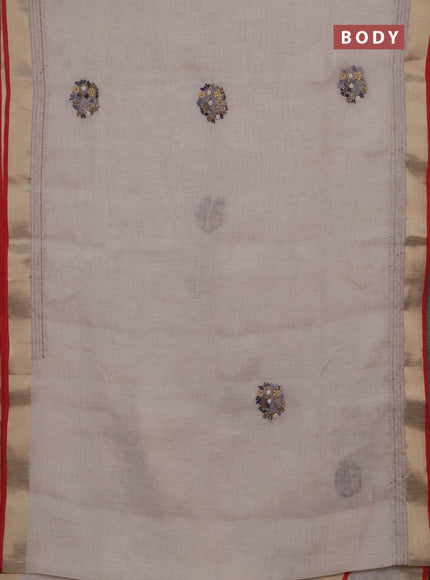 Linen cotton saree off white and sandal with embroidery buttas and embroidery kantha stitch work pallu