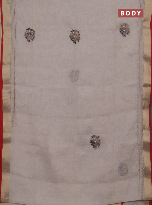 Linen cotton saree off white and sandal with embroidery buttas and embroidery kantha stitch work pallu